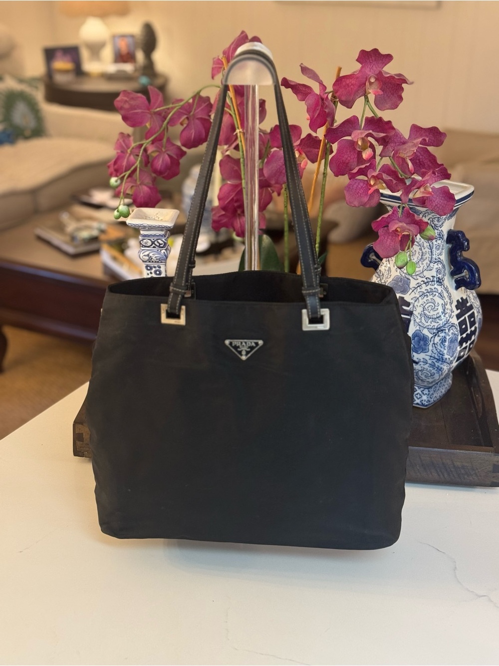 Prada Vintage Tessuto Black Nylon Shoulder Tote with Leather Top Handles Italy